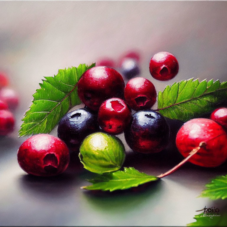 Colorful Assorted Berries and Lush Leaves on Soft-focus Background