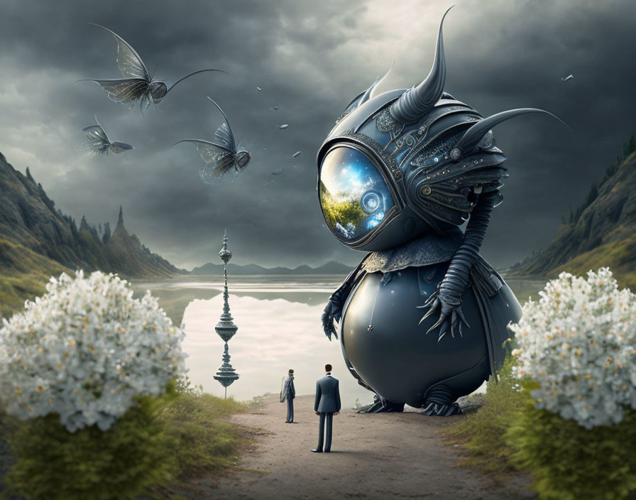 Man in suit confronts mechanical creature in surreal landscape