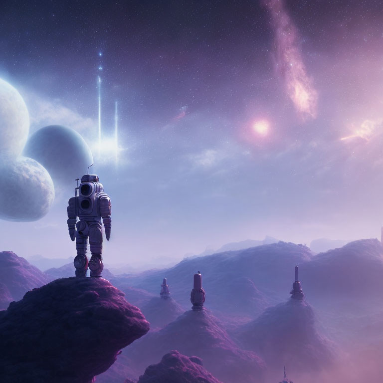 Astronaut on rocky alien terrain under purple sky with planets and galaxies.