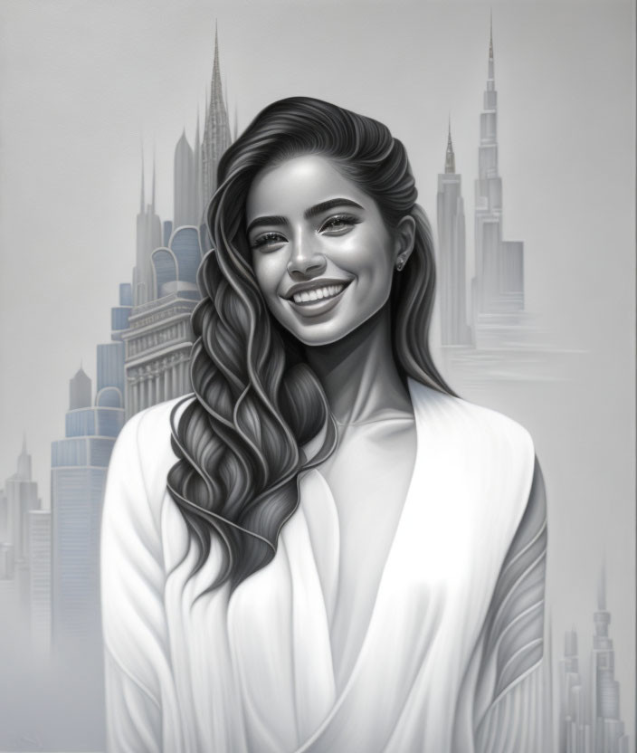 Smiling woman with wavy hair against city skyline in monochrome.