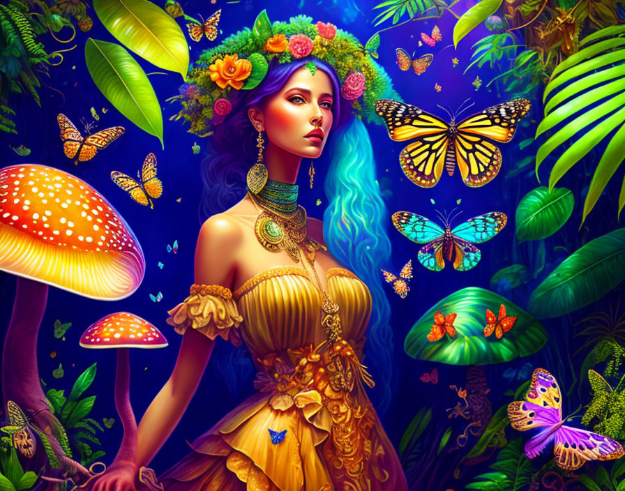 Colorful woman with flowers and butterflies in mystical forest