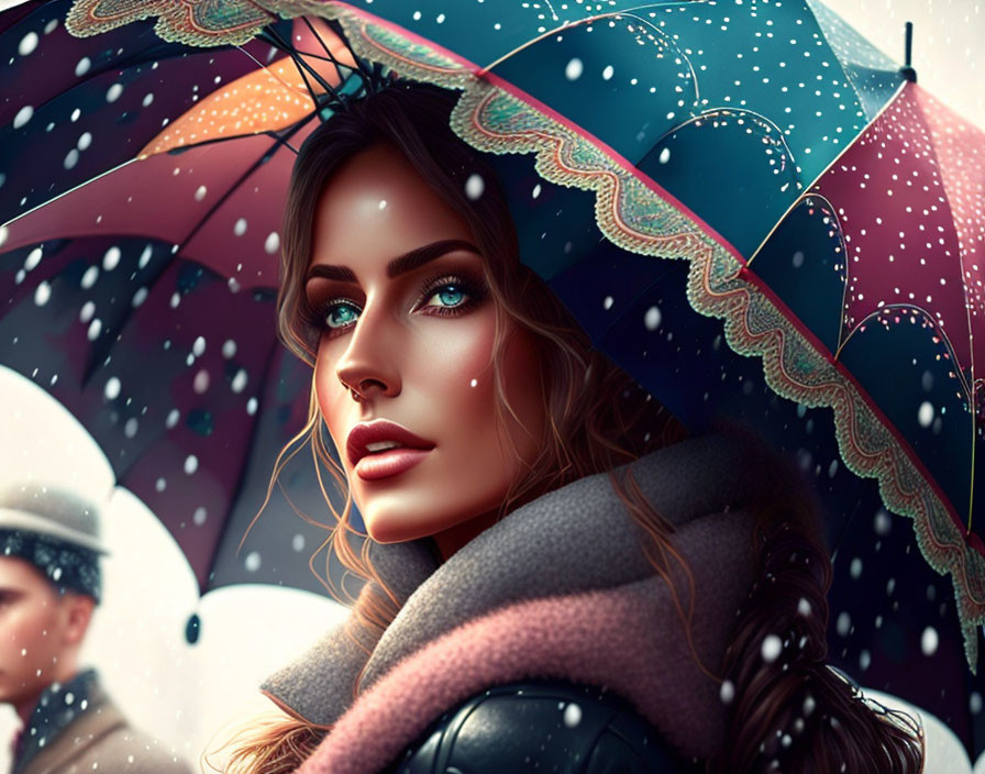 Digital artwork: Woman with blue eyes holding umbrella in snow with bystander