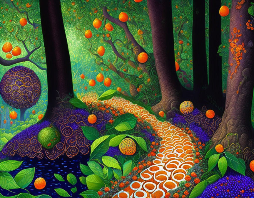 Colorful Stylized Forest with River and Fruit-Bearing Trees