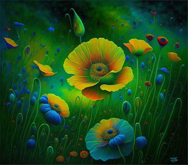 Colorful Floral Painting on Dark, Starry Background