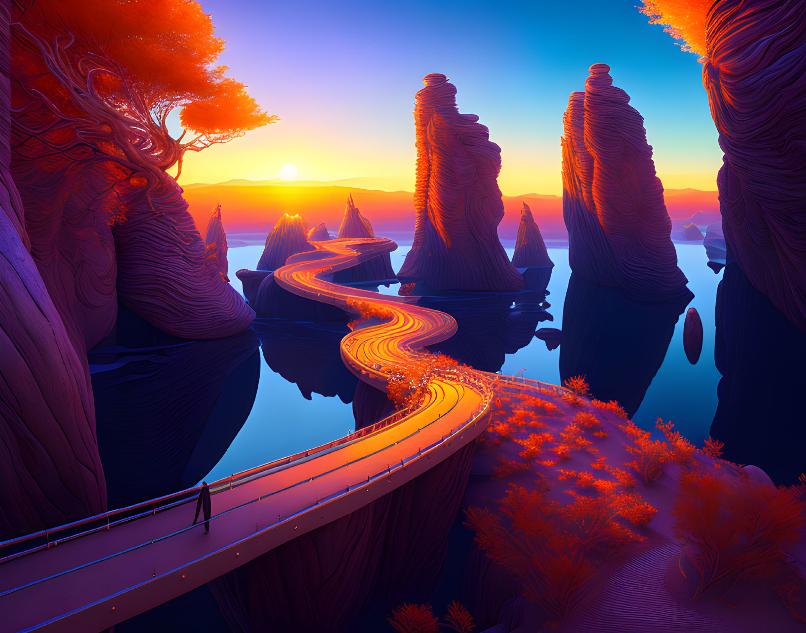 Scenic winding road through red-orange fantasy landscapes