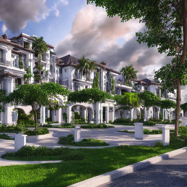 Luxurious Residential Area with White Multi-Story Buildings and Greenery