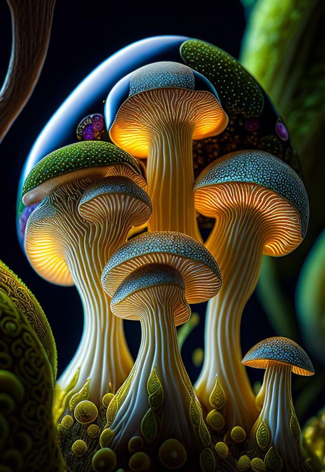 Fantastical illuminated mushrooms with intricate textures and vibrant colors