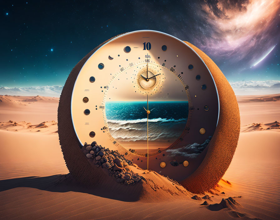 Large clock buried in desert with ocean scene and starry sky