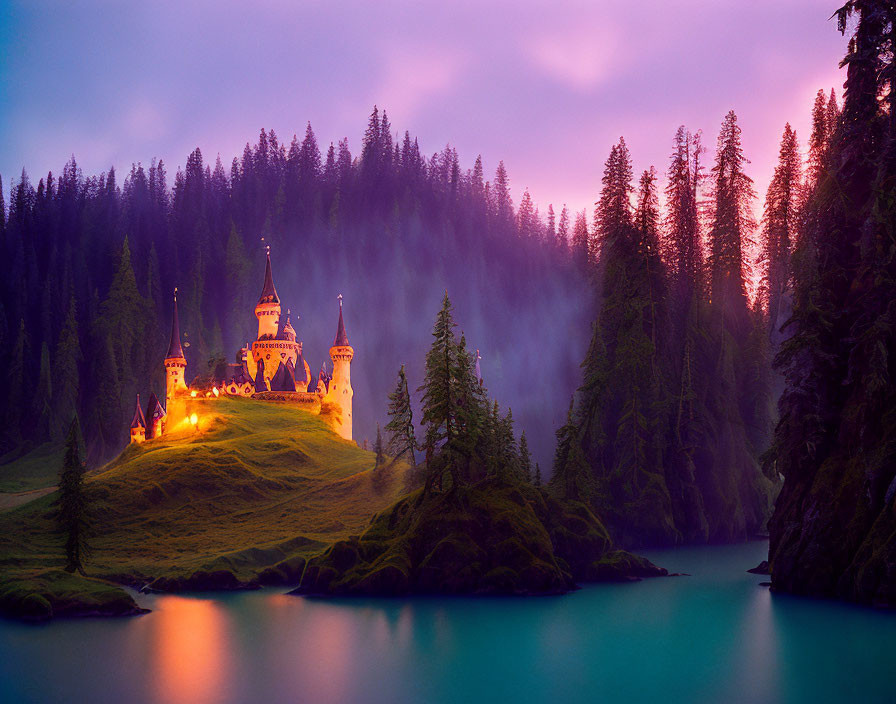 Twilight fairytale castle on hill with misty forest and serene lake