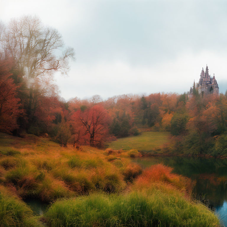 Misty autumnal landscape with castle, colorful trees, and tranquil river