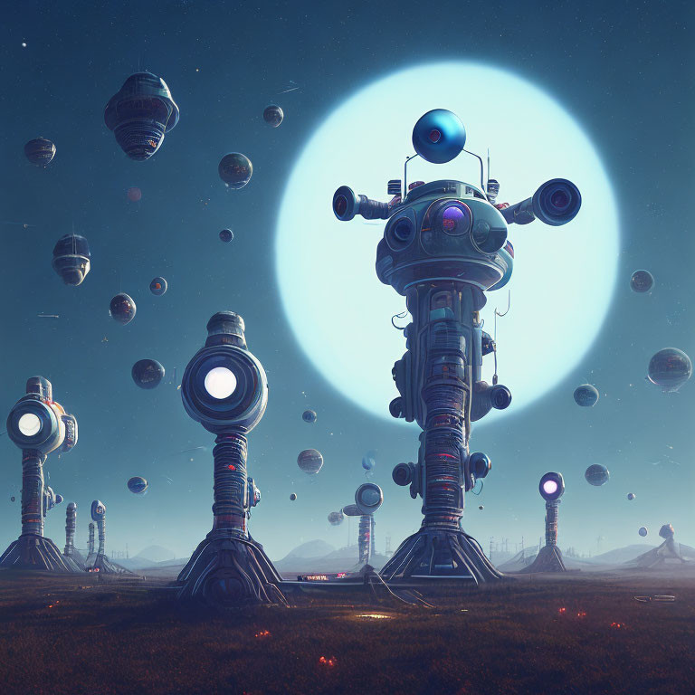 Futuristic robotic structures and floating orbs in a luminous landscape