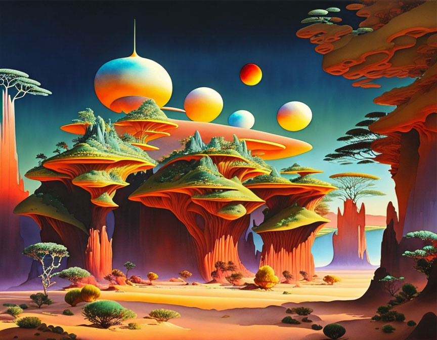 Colorful alien landscape with mushroom structures, exotic trees, and multiple moons