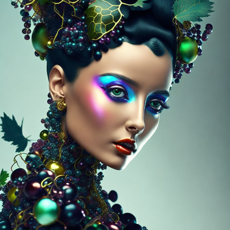 Stylized portrait of woman with vibrant makeup and grape headdress