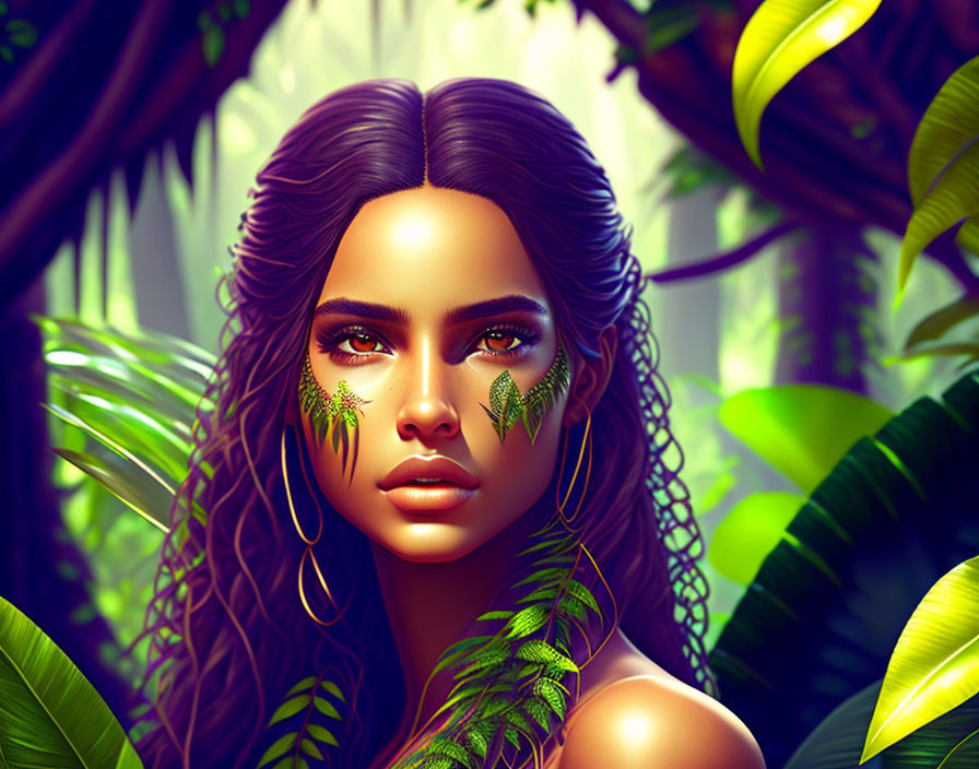 Woman with Greenery-Themed Makeup in Lush Foliage