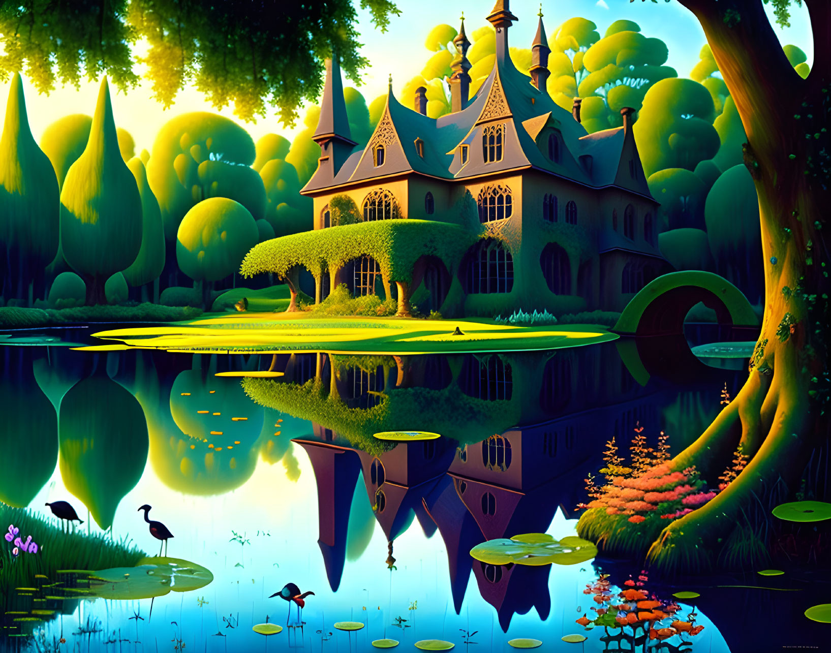 Fantasy mansion with spires in vibrant forest and serene lake