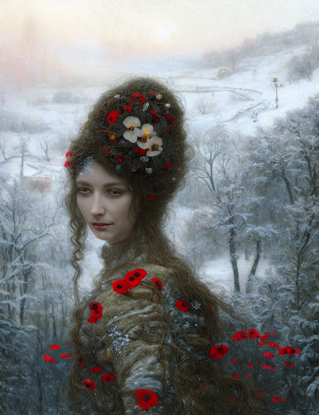 Woman with Red Poppies in Hair Gazes at Snowy Landscape