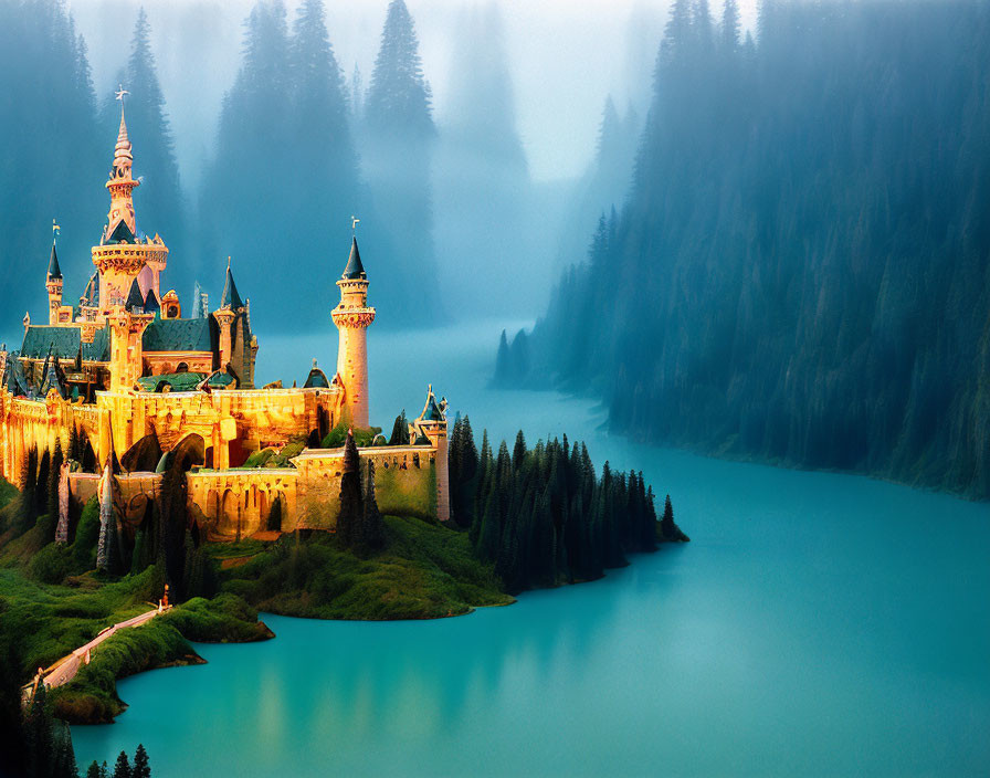 Majestic castle by turquoise lake in misty forest under golden light