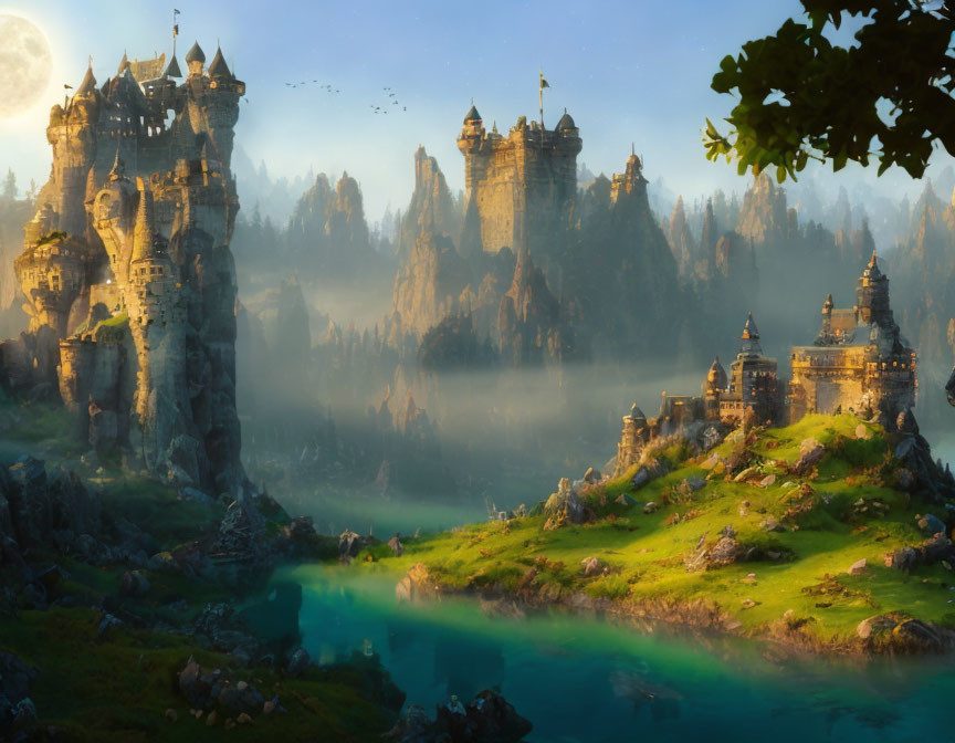 Majestic castles in a fantastical landscape with forested cliffs, mist, river, and