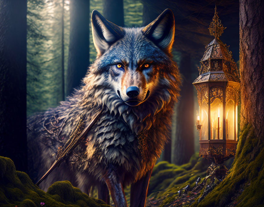 Majestic fantasy wolf with blue eyes in enchanted forest with lantern