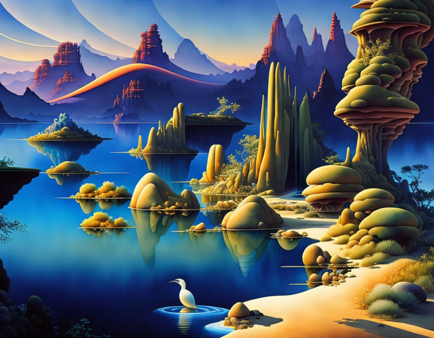 Surreal fantasy landscape with rock formations, blue lake, lush flora, twilight sky