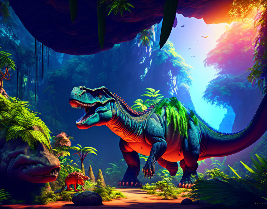 Colorful digital artwork: Blue and green T-Rex in prehistoric jungle with dinosaurs & pter