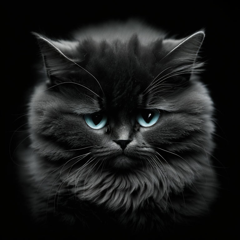 Fluffy Black Cat with Striking Blue Eyes on Dark Background