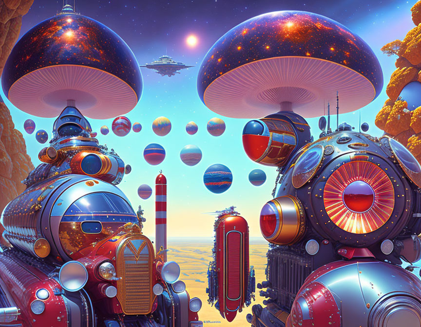 Futuristic cityscape with mushroom buildings and floating orbs on rocky terrain