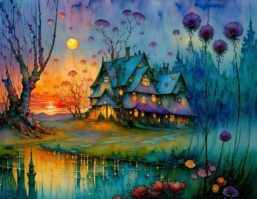 Whimsical watercolor painting of cozy cottage by lake at sunset