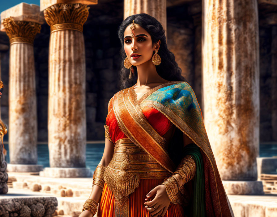 Traditional Indian Attire Woman at Ancient Temple Pillars