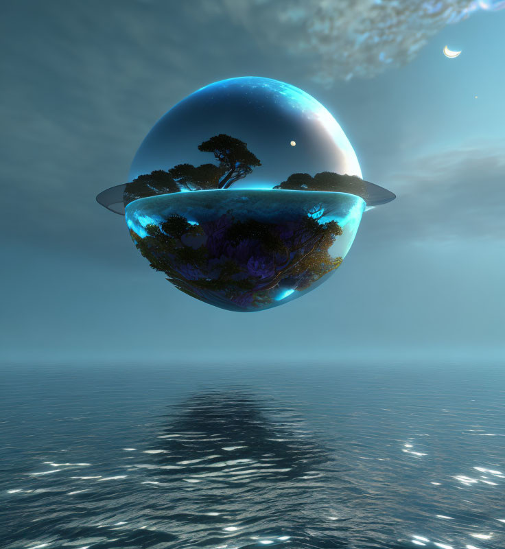 Floating island in reflective sphere above tranquil ocean at dusk