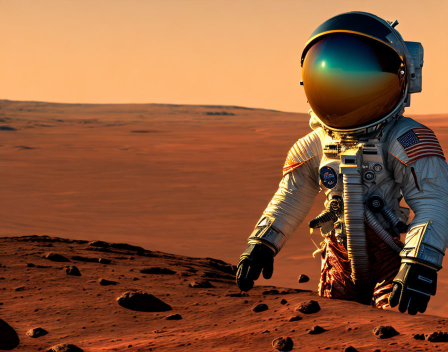 Astronaut on Mars-like surface with orange sky and rocky terrain