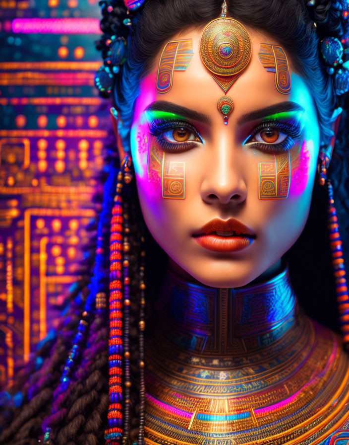 Elaborate Futuristic Makeup with Glowing Gold and Blue Colors