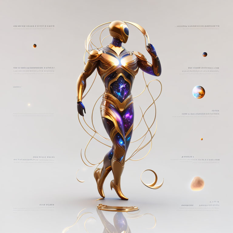 Golden futuristic suit with cosmic patterns and orbs on light background