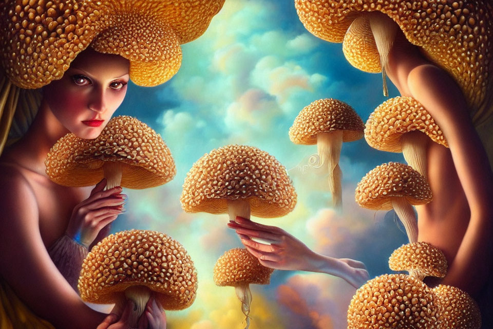 Surreal painting of person with oversized mushrooms in dreamy sky