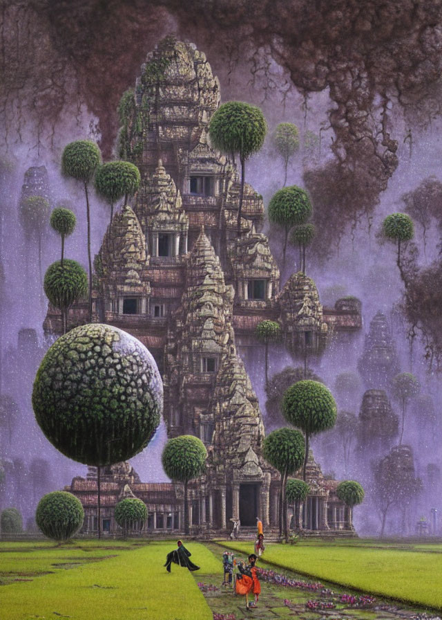 Surreal artwork: Floating tree-covered sphere, ancient temple ruins, robed figures, under over