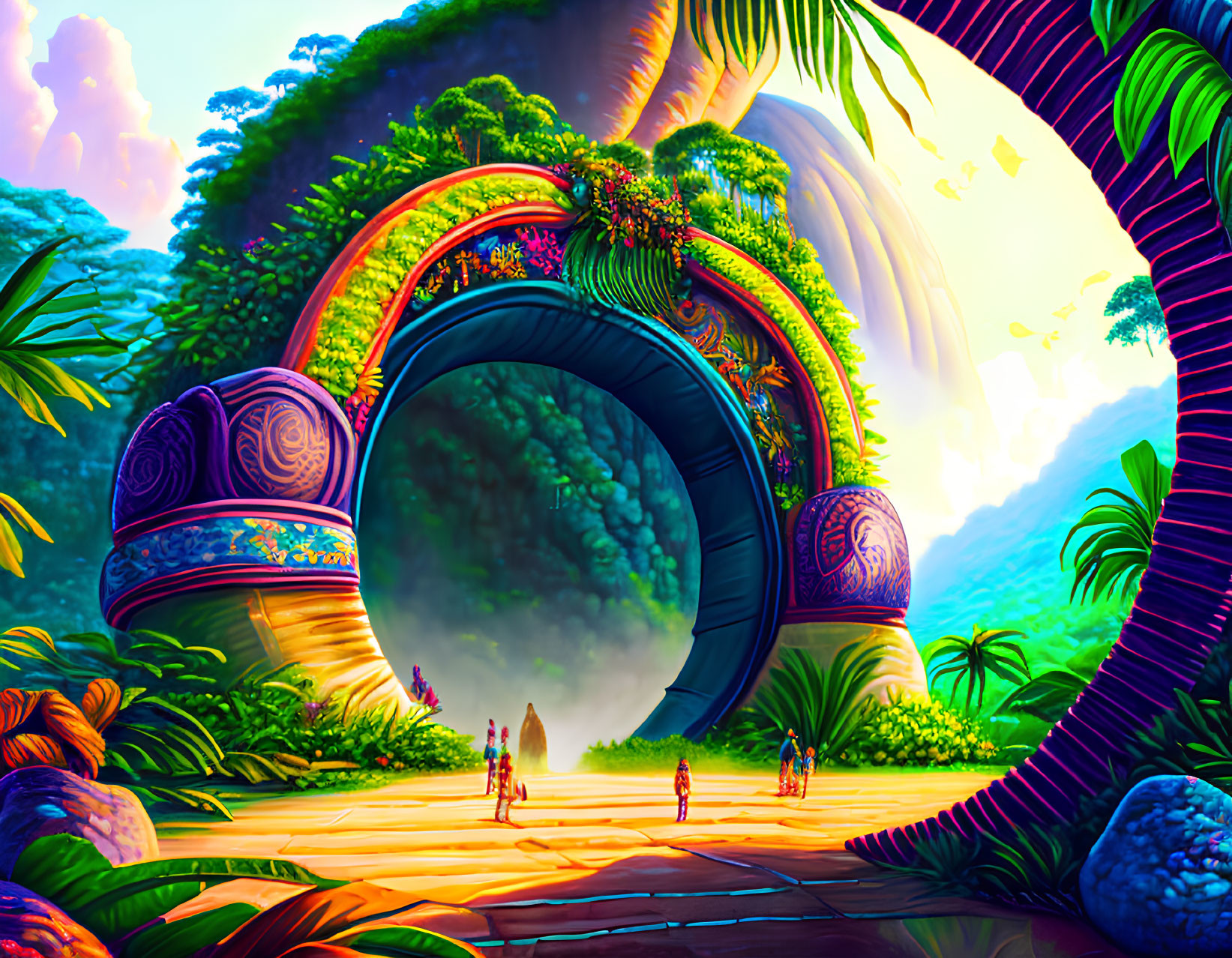 Colorful Jungle Gateway Illustration with Figures on Golden Pathway