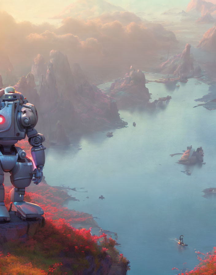 Giant robot on cliff gazes at serene landscape