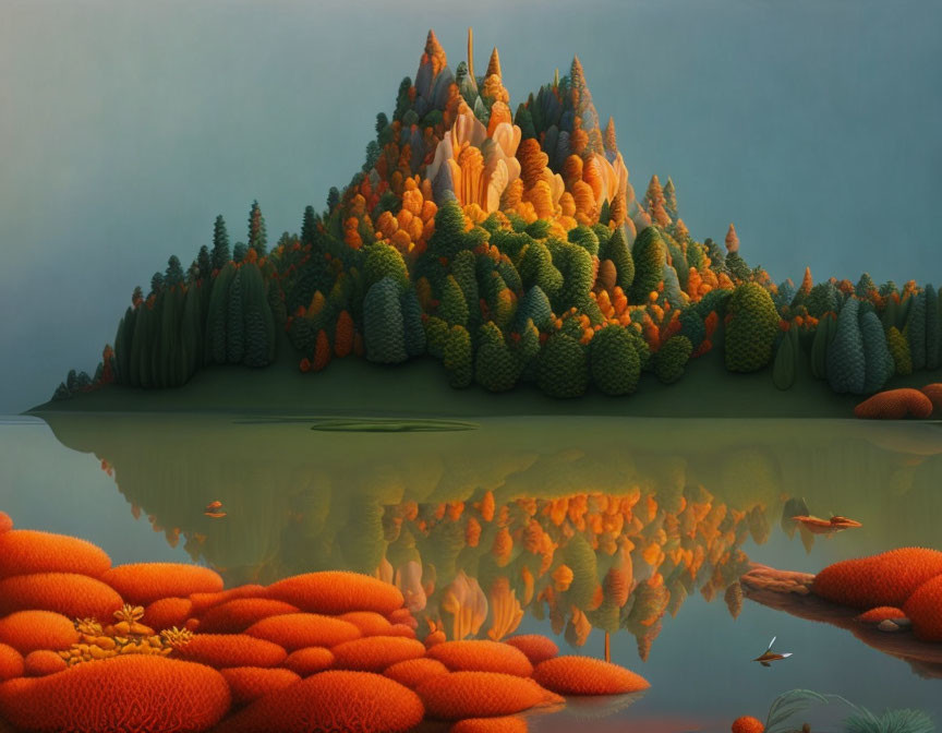 Tranquil Autumn Forest Island Reflection