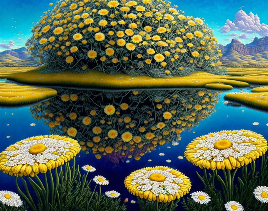 Surreal landscape with large daisy-like flowers, water reflection, and mountain backdrop