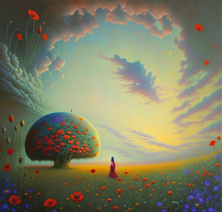 Surreal landscape with woman in red dress walking towards blooming tree at sunset