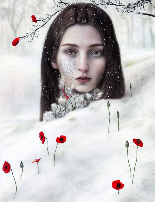 Surreal portrait: Woman's face merges with snowy landscape, red poppies, frost-covered plants