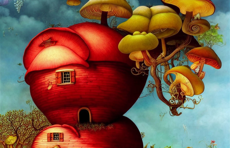 Surreal red apple house on mushroom tower in whimsical artwork