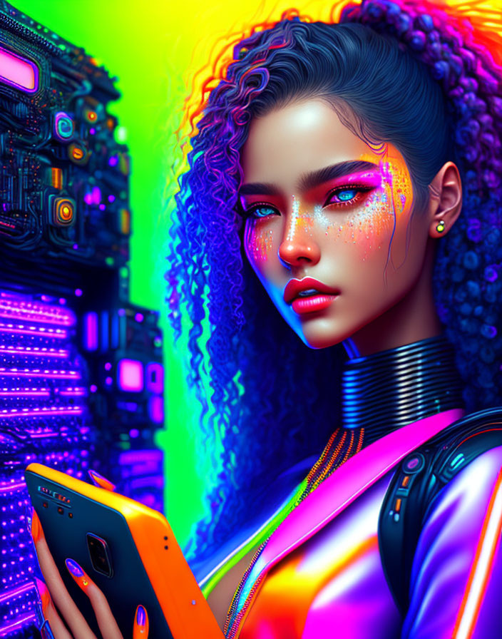 Colorful portrait: woman with curly hair and smartphone against neon-lit circuit board backdrop, futuristic fashion