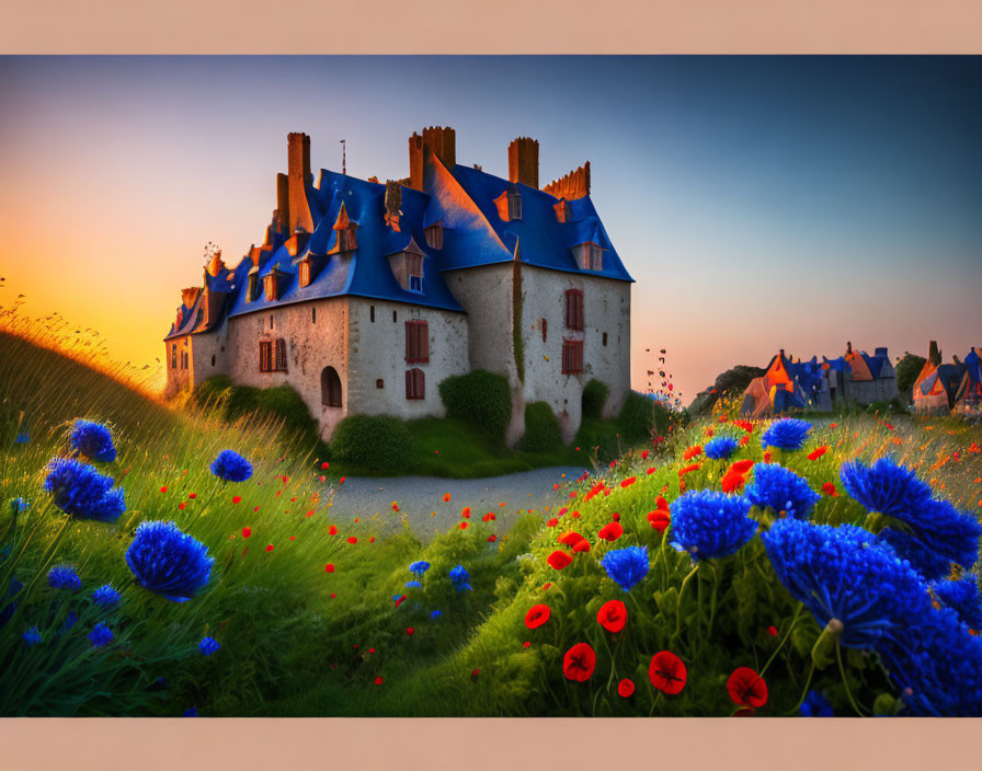 Castle with Blue Rooftops in Sunset Landscape with Flowers