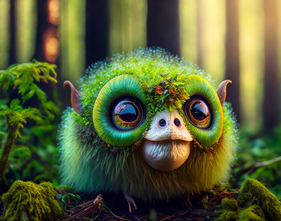 Moss-covered creature with expressive eyes in sunlit forest