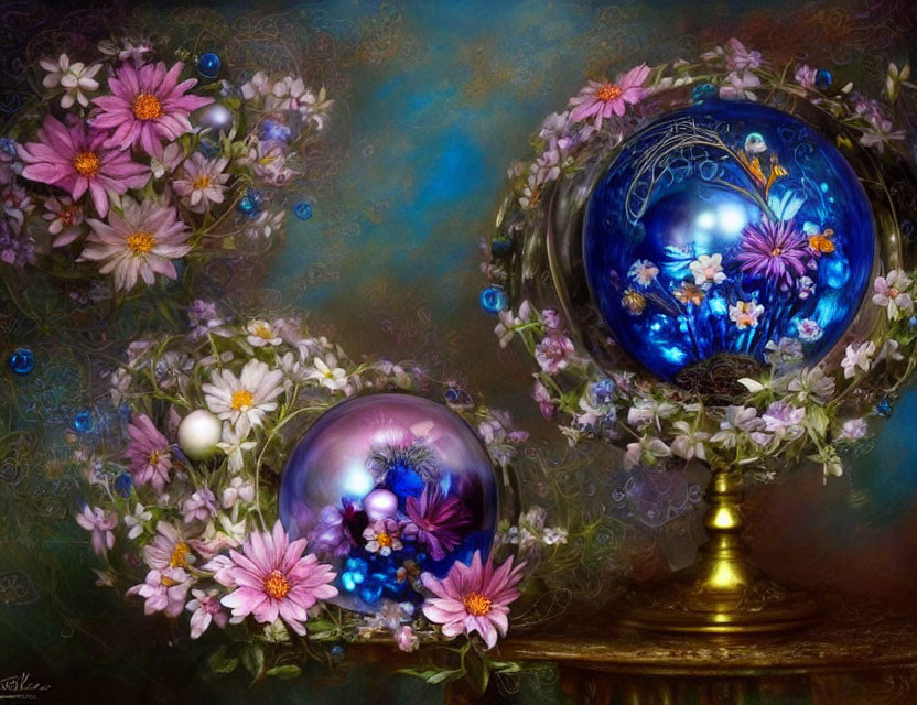 Ethereal still life: Large and small crystal balls with pink flowers on blue background