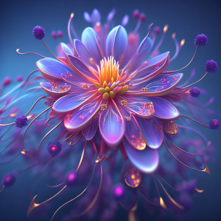 Detailed digital illustration of glowing purple fantasy flower with layered petals and radiant orbs.