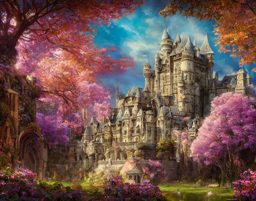 Majestic castle in vibrant garden with pink blossoming trees