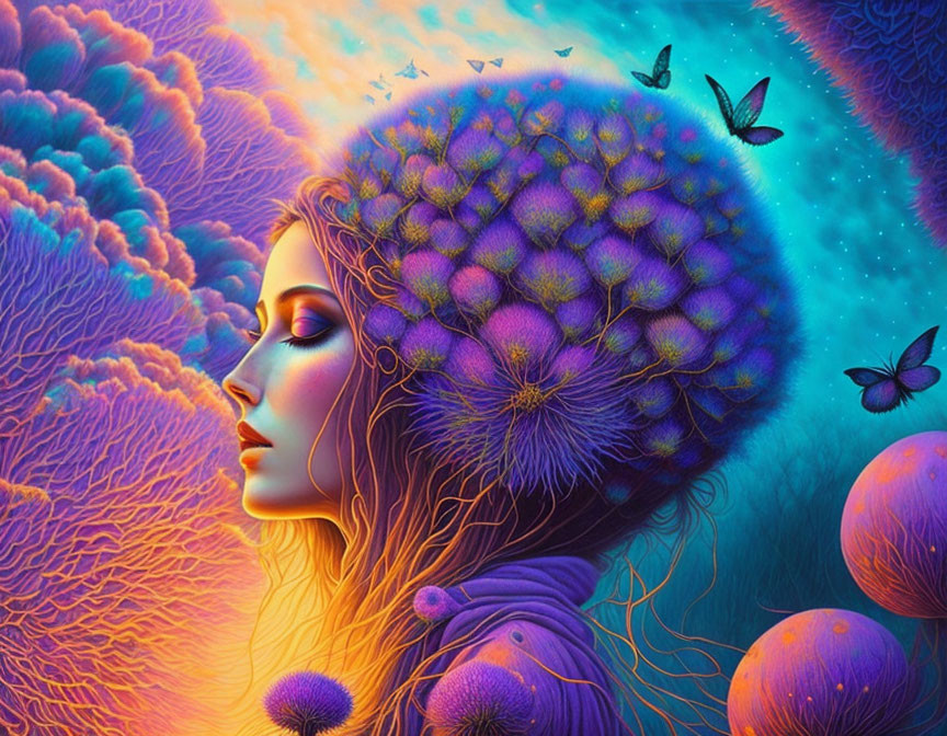 Colorful surreal digital art of woman with butterflies and fantasy flora