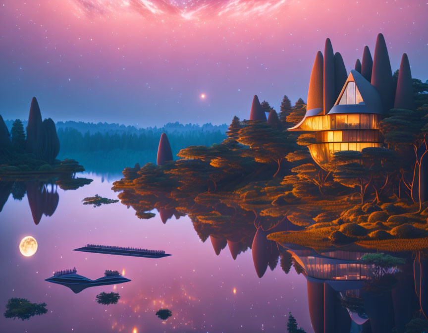 Tranquil landscape with reflective lake, surreal trees, futuristic house, boats under twilight sky